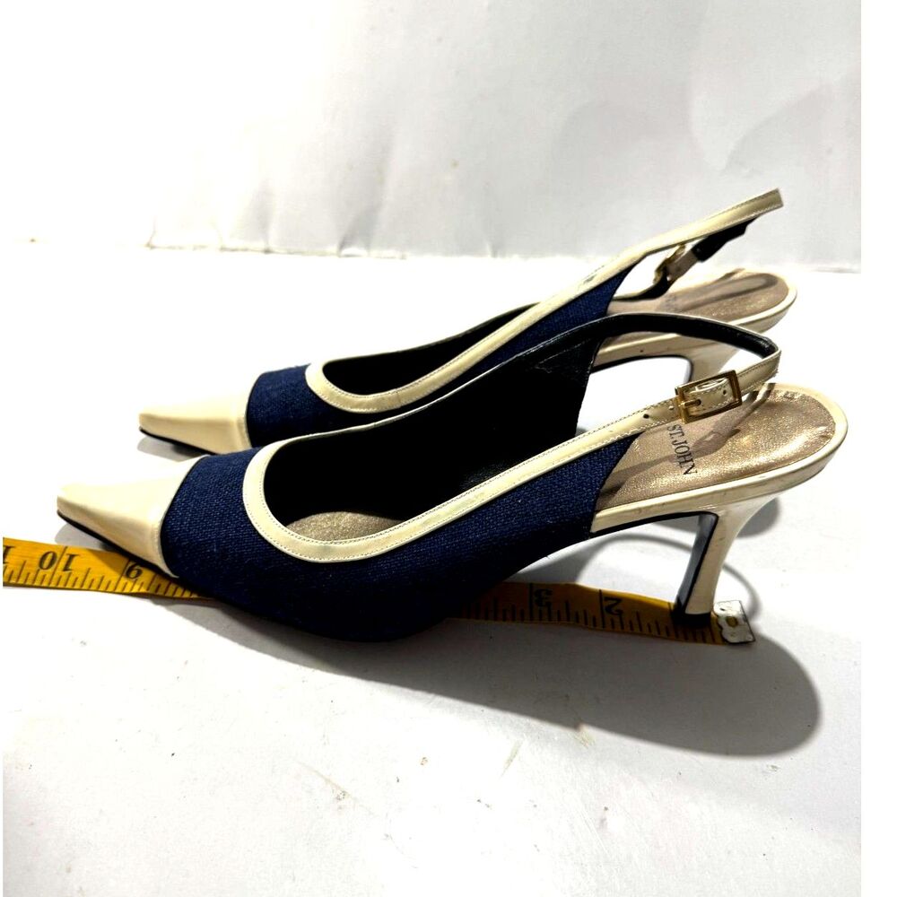 ST John pumps shoes white & navy blue canva Spain made party pointy toes women 9